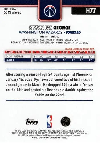 2025-26 Topps Holiday #H77 Kyshawn George NM-MT Wizards ID:80896 - Basketball Card Single