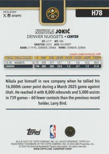 2025-26 Topps Holiday #H78 Nikola Jokic NM-MT Nuggets ID:80897 - Basketball Card Single