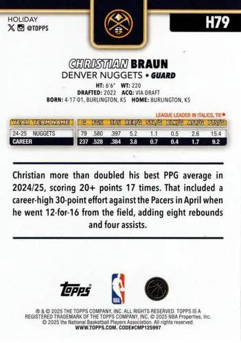2025-26 Topps Holiday #H79 Christian Braun NM-MT Nuggets ID:80898 - Basketball Card Single