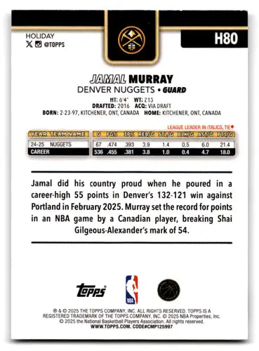 2025-26 Topps Holiday #H80 Jamal Murray NM-MT Nuggets ID:80055 - Basketball Card Single