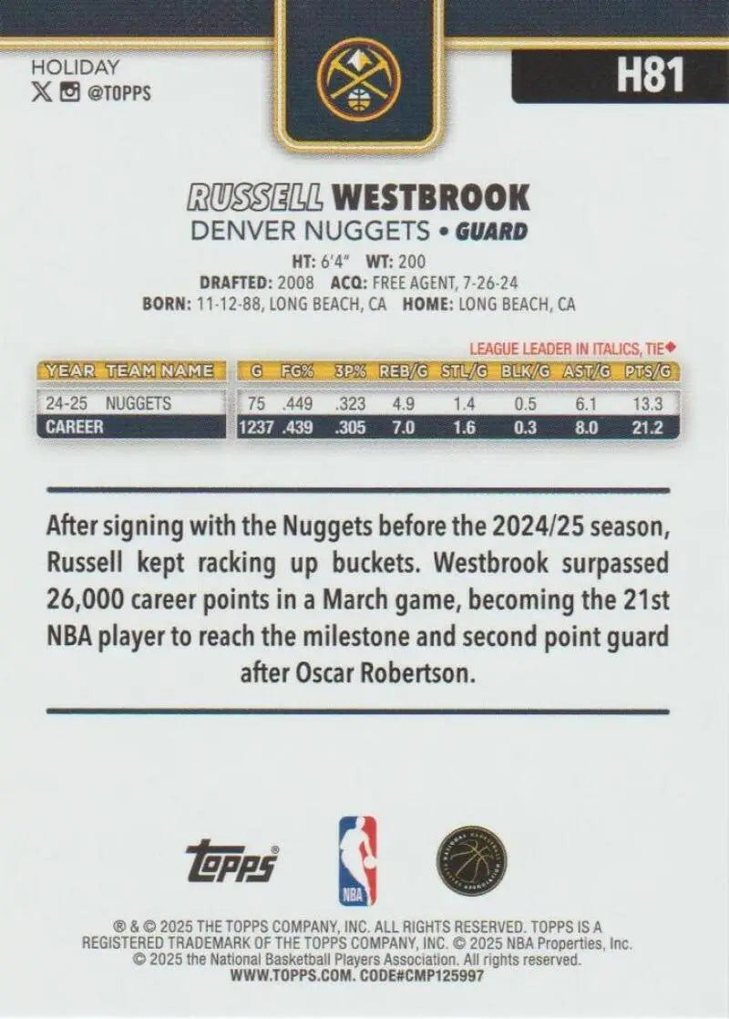 2025-26 Topps Holiday #H81 Russell Westbrook NM-MT Nuggets ID:80899 - Basketball Card Single