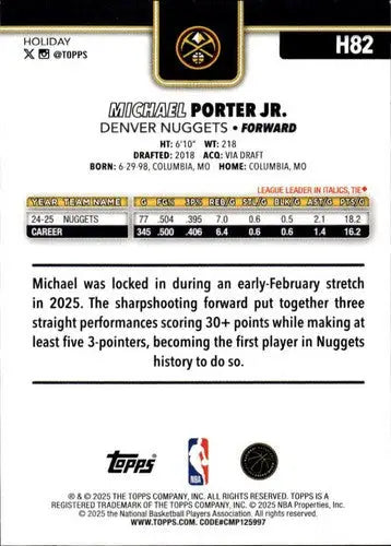 2025-26 Topps Holiday #H82 Michael Porter Jr. NM-MT Nuggets ID:80900 - Basketball Card Single