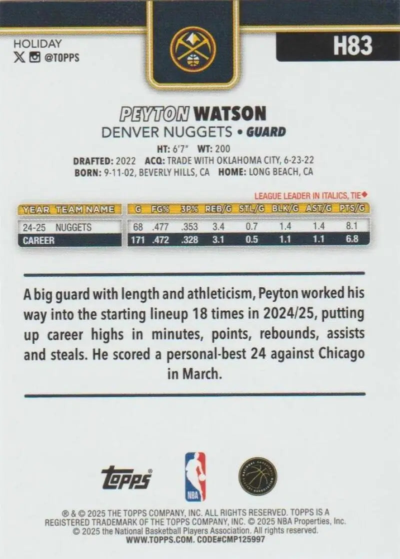 2025-26 Topps Holiday #H83 Peyton Watson NM-MT Nuggets ID:80901 - Basketball Card Single