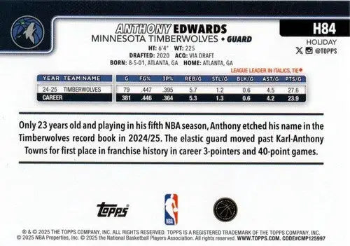 2025-26 Topps Holiday #H84 Anthony Edwards NM-MT Timberwolves ID:80902 - Basketball Card Single
