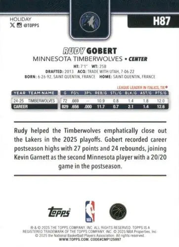 2025-26 Topps Holiday #H87 Rudy Gobert NM-MT Timberwolves ID:80904 - Basketball Card Single