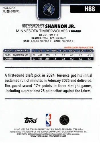 2025-26 Topps Holiday #H88 Terrence Shannon Jr. NM-MT Timberwolves ID:80905 - Basketball Card Single