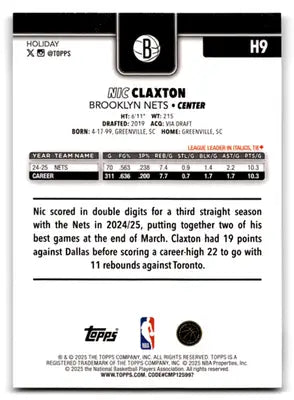2025-26 Topps Holiday #H9 Nic Claxton NM Near Mint Nets ID:79820 - Basketball Card Single