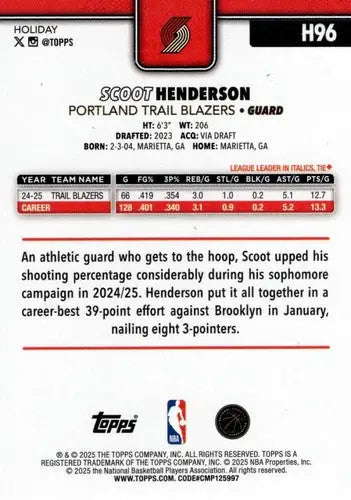 2025-26 Topps Holiday #H96 Scoot Henderson NM-MT Blazers ID:80911 - Basketball Card Single