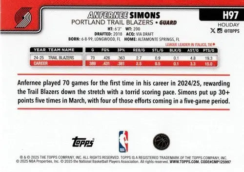 2025-26 Topps Holiday #H97 Anfernee Simons NM-MT Blazers ID:80912 - Basketball Card Single