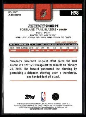 2025-26 Topps Holiday #H98 Shaedon Sharpe - Basketball Card Single
