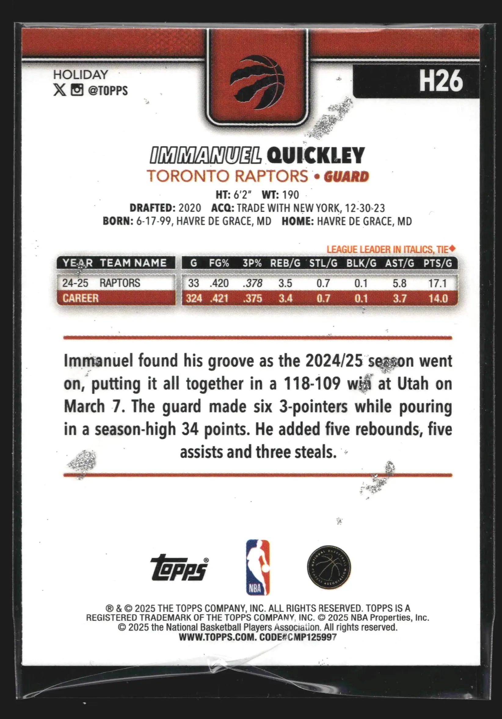 2025-26 Topps Holiday Immanuel Quickley #H26 Glitter Toronto Raptors - Basketball Card Single