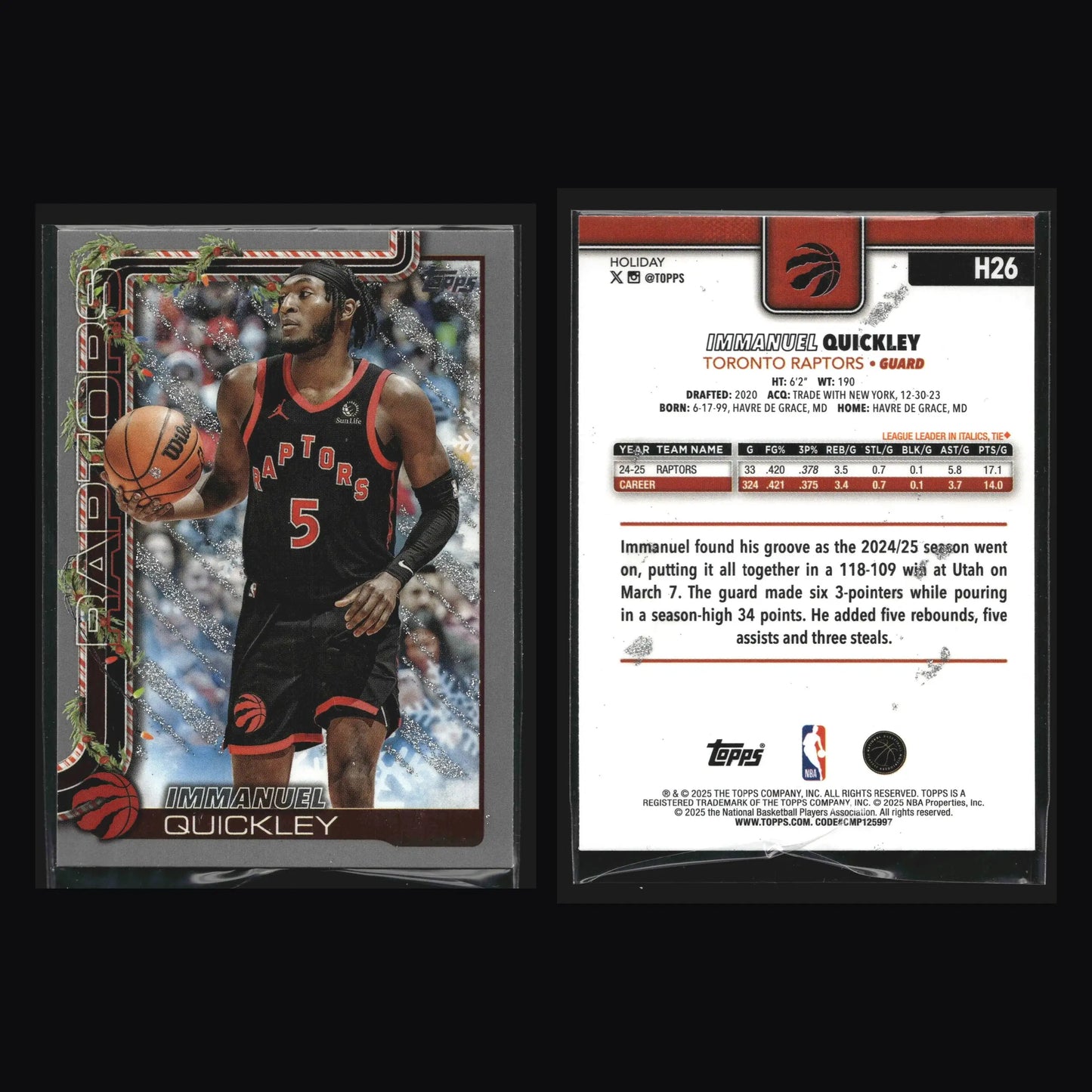 2025-26 Topps Holiday Immanuel Quickley #H26 Glitter Toronto Raptors - Basketball Card Single