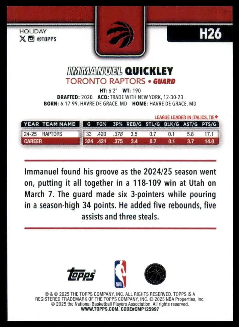2025-26 Topps Holiday Immanuel Quickley #H26 Toronto Raptors Basketball Card NBA - Basketball Card Single
