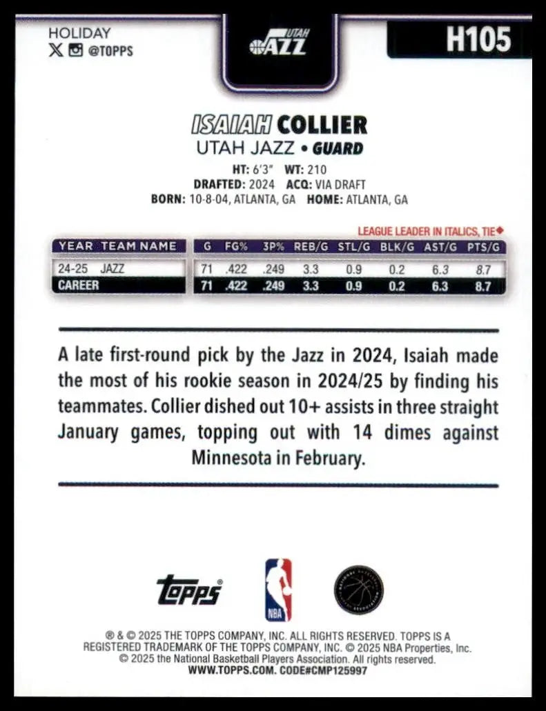 2025-26 Topps Holiday Isaiah Collier #H105 Utah Jazz Basketball Card NBA Sports - Basketball Card Single