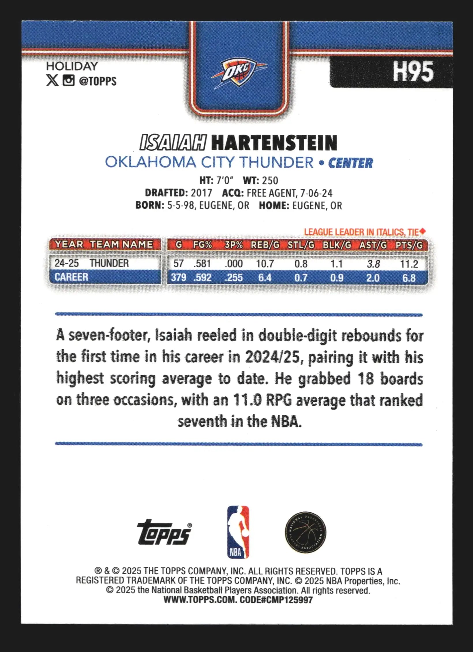 2025-26 Topps Holiday Isaiah Hartenstein #H95 Thunder - Basketball Card Single