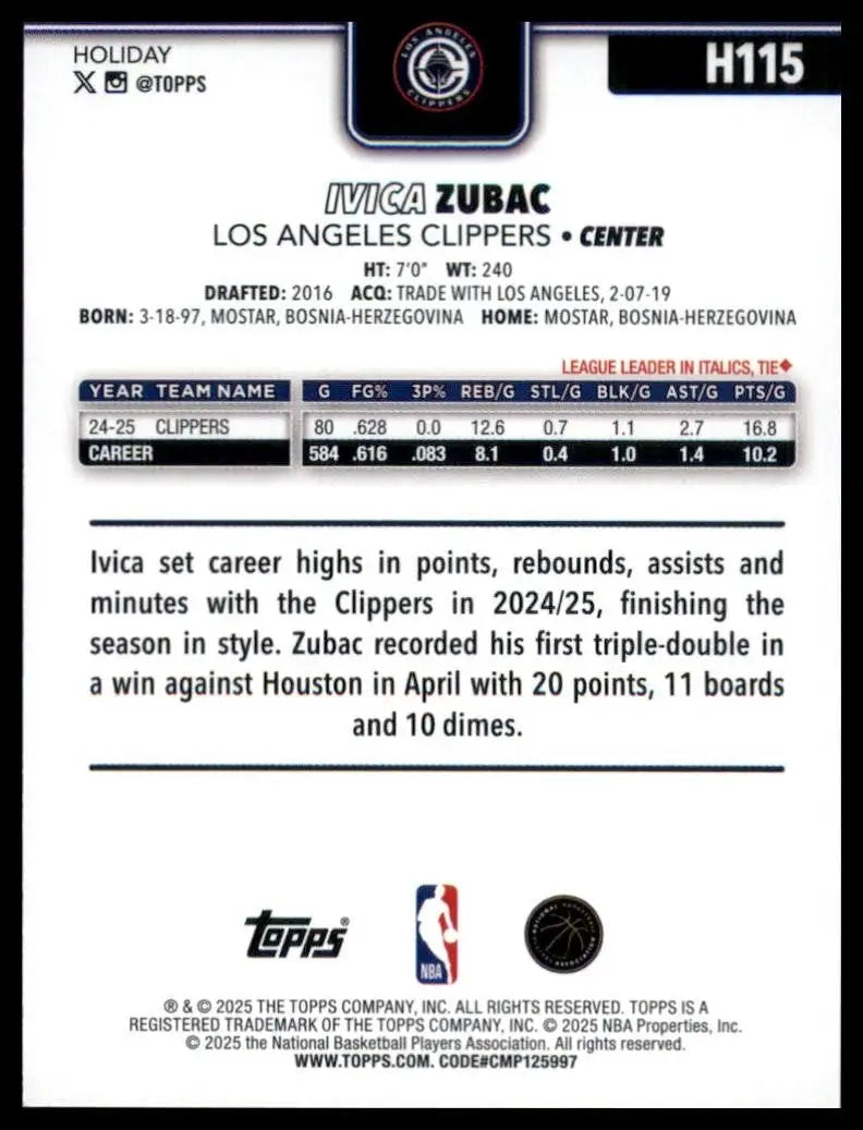 2025-26 Topps Holiday Ivica Zubac #H115 Los Angeles Clippers Basketball Card NBA
