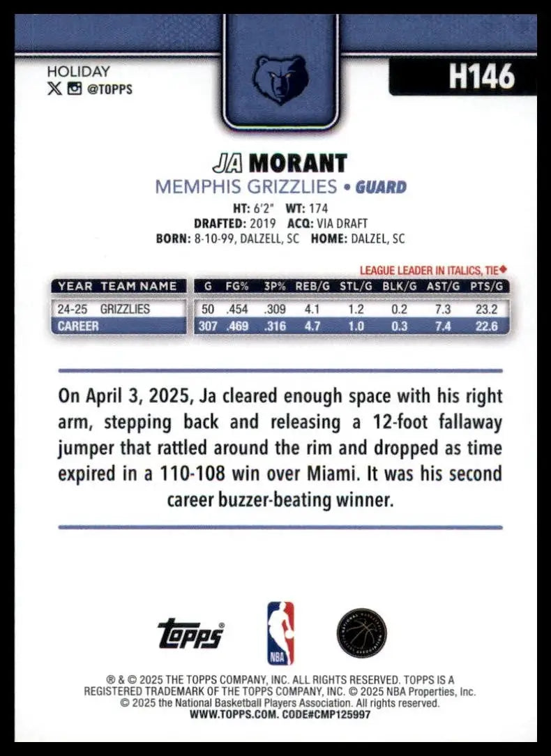 2025-26 Topps Holiday Ja Morant #H146 Memphis Grizzlies Basketball Card NBA