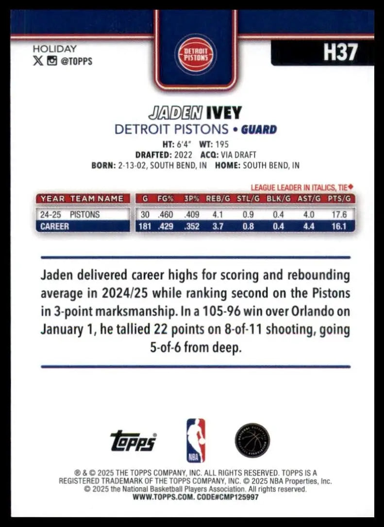2025-26 Topps Holiday Jaden Ivey #H37 Detroit Pistons Basketball Card NBA Sports - Basketball Card Single