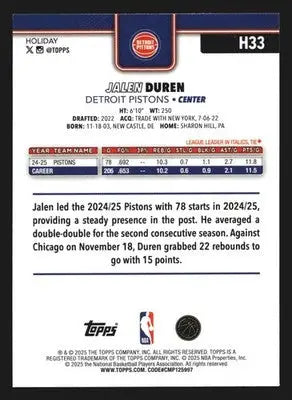 2025-26 Topps Holiday Jalen Duren #H33 Detroit Pistons