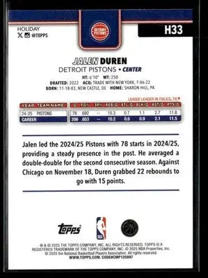 2025-26 Topps Holiday Jalen Duren #H33 Detroit Pistons - Basketball Card Single
