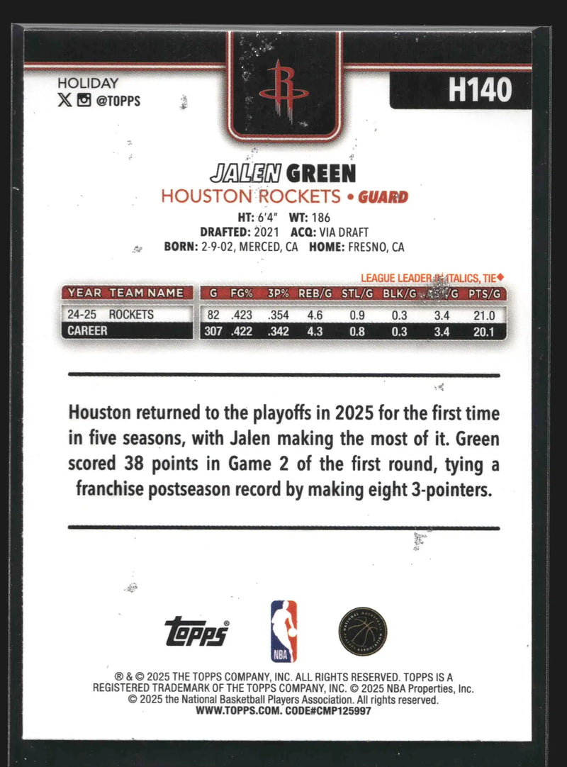 2025-26 Topps Holiday Jalen Green #H140 Glitter Houston Rockets - Basketball Card Single