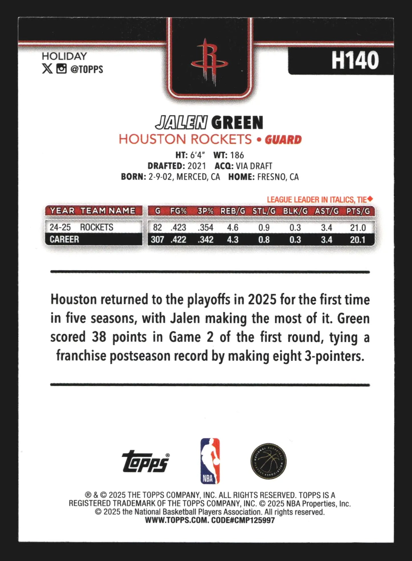 2025-26 Topps Holiday Jalen Green #H140 Houston Rockets - Basketball Card Single