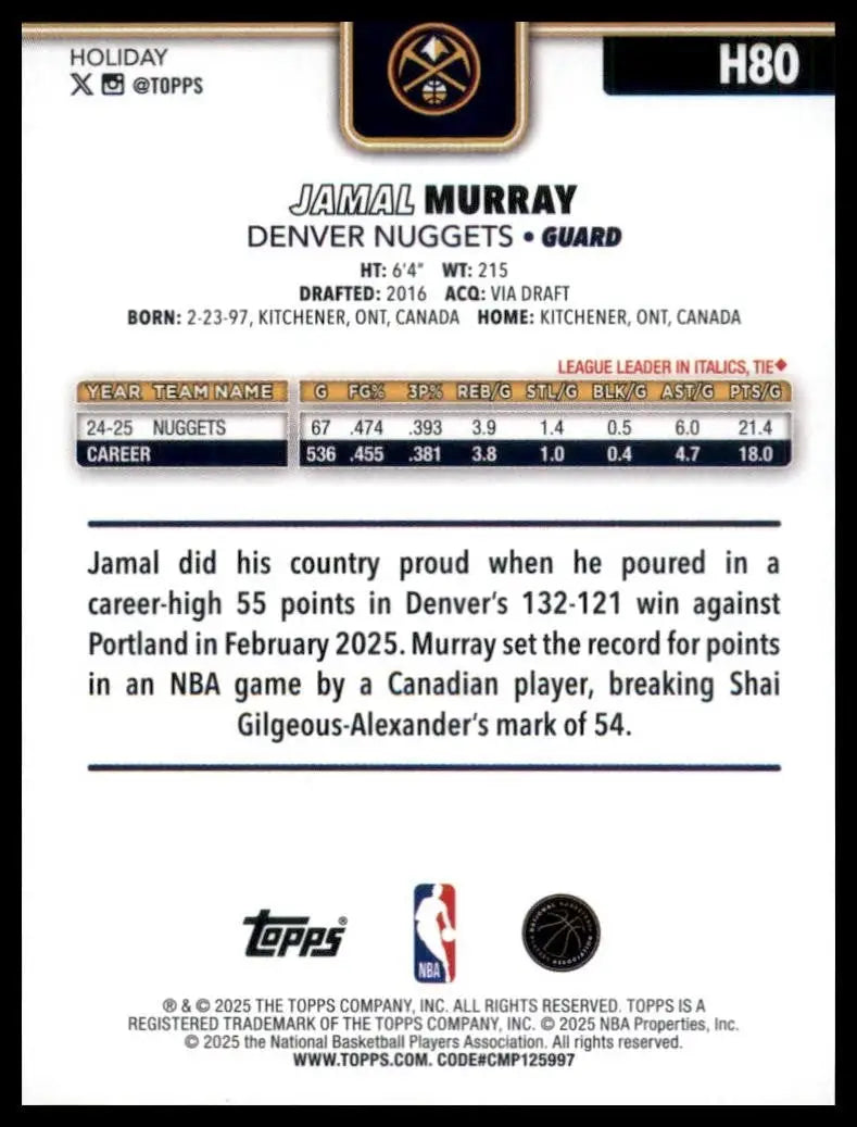 2025-26 Topps Holiday Jamal Murray #H80 Denver Nuggets Basketball Card NBA Sport - Basketball Card Single