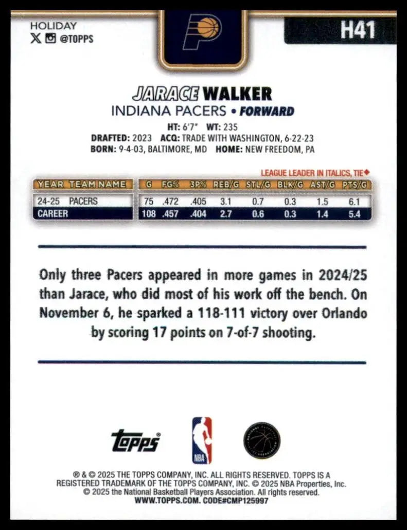 2025-26 Topps Holiday Jarace Walker #H41 Indiana Pacers Basketball Card NBA - Basketball Card Single