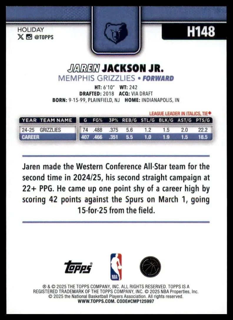 2025-26 Topps Holiday Jaren Jackson Jr #H148 Memphis Grizzlies Basketball Card - Basketball Card Single