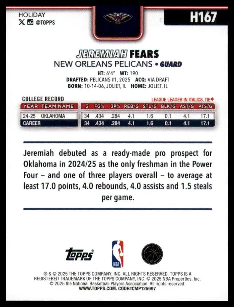2025-26 Topps Holiday Jeremiah Fears Rookie #H167 New Orleans Pelicans Card NBA - Basketball Card Single