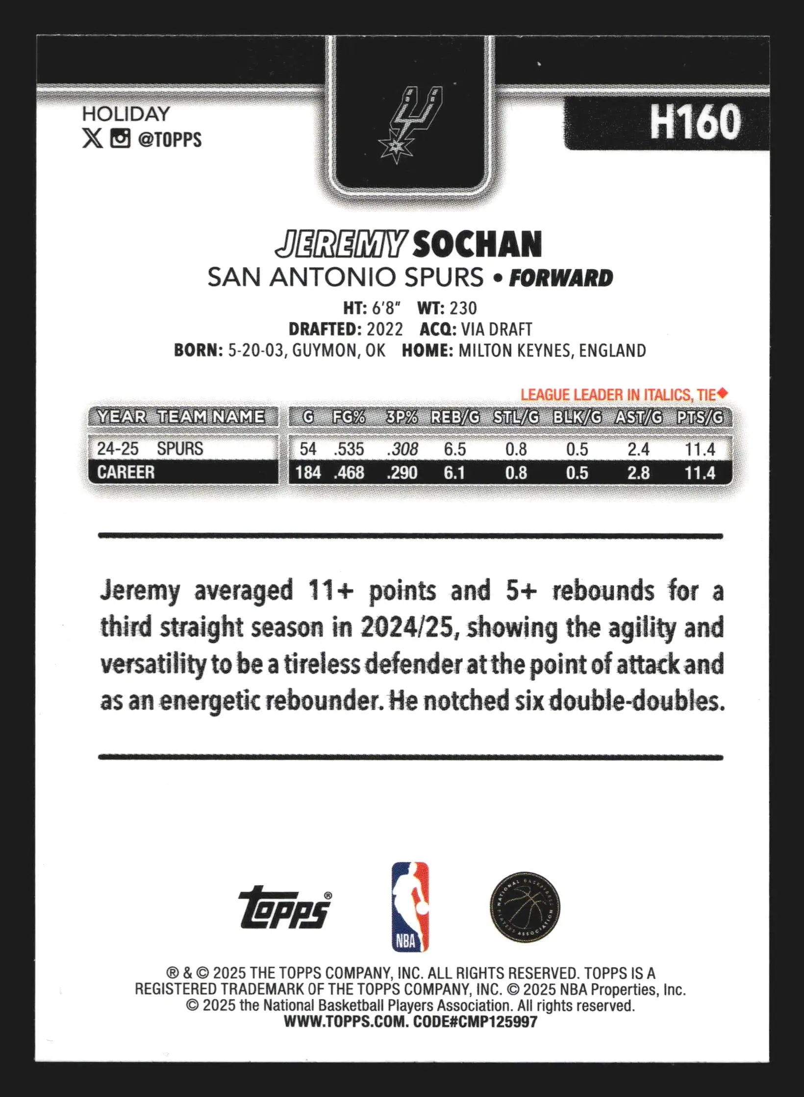 2025-26 Topps Holiday Jeremy Sochan #H160 San Antonio Spurs - Basketball Card Single
