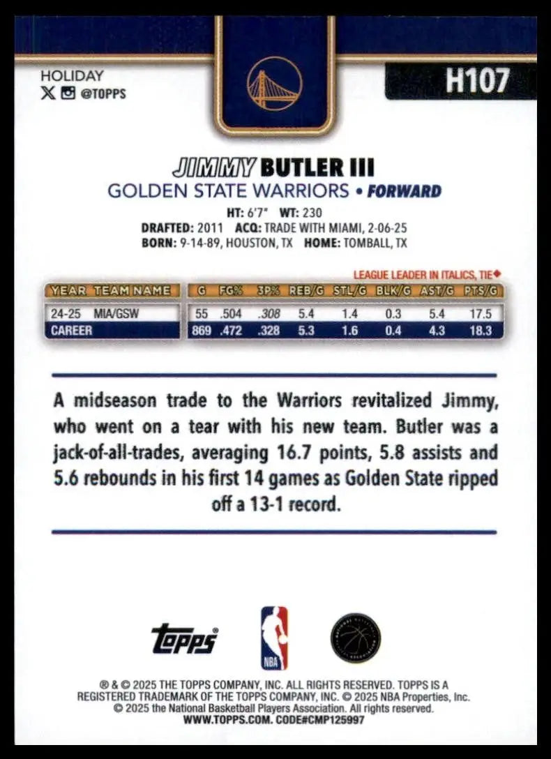 2025-26 Topps Holiday Jimmy Butler III #H107 Golden State Warriors Basketball - Basketball Card Single