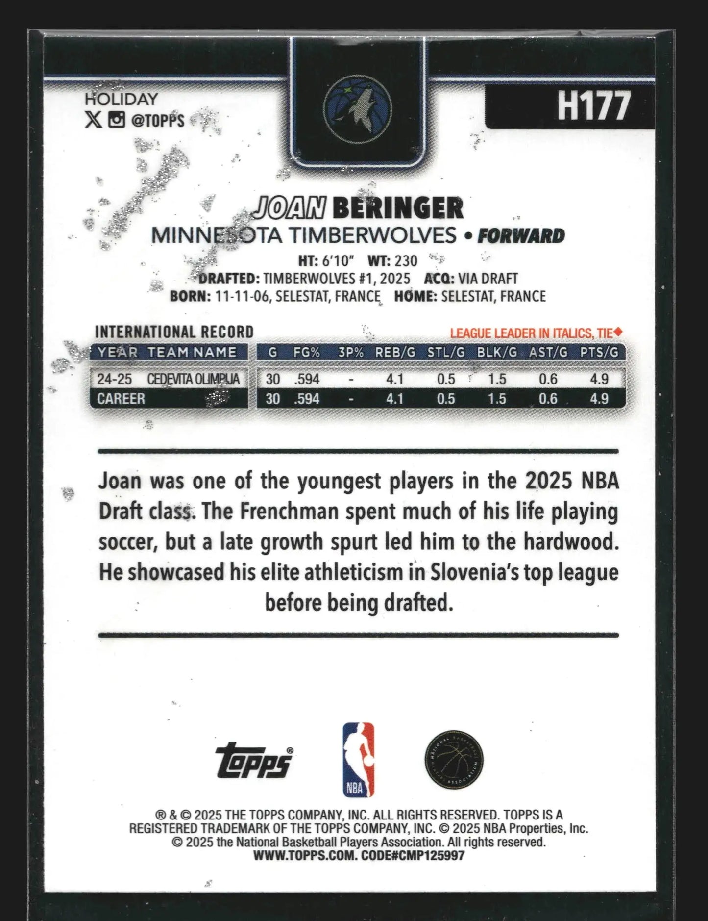 2025-26 Topps Holiday Joan Beringer #H177 Glitter Parallel RC Wolves - Basketball Card Single
