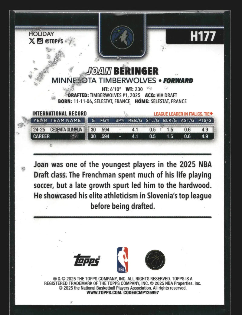 2025-26 Topps Holiday Joan Beringer #H177 Glitter Parallel RC Wolves - Basketball Card Single