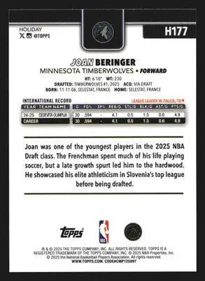 2025-26 Topps Holiday Joan Beringer #H177 RC Minnesota Timberwolves - Basketball Card Single