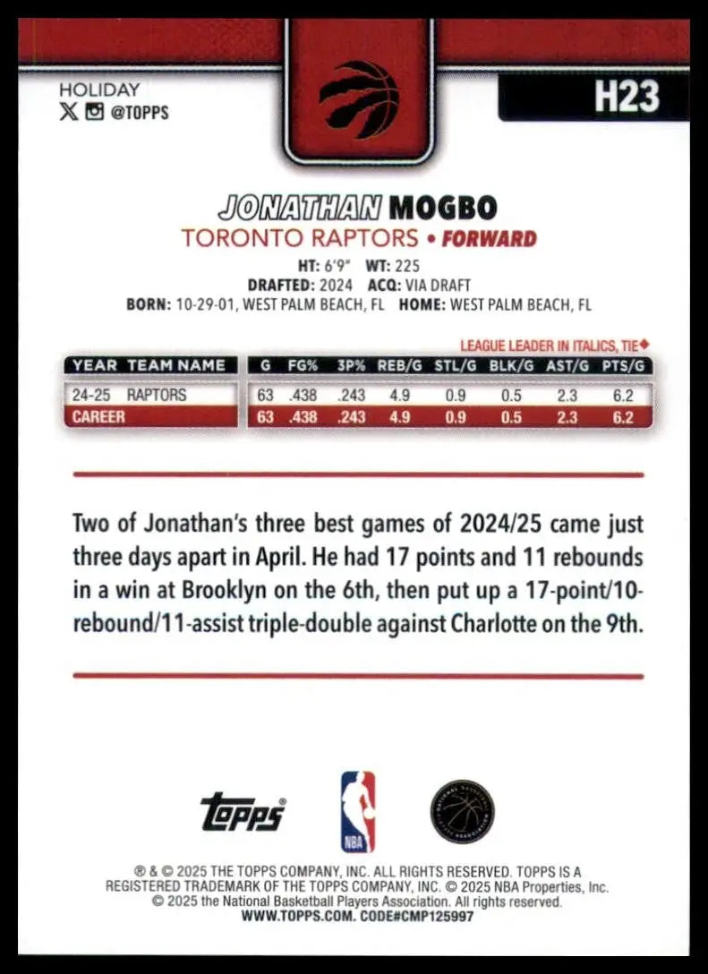 2025-26 Topps Holiday Jonathan Mogbo #H23 Toronto Raptors Basketball Card NBA - Basketball Card Single