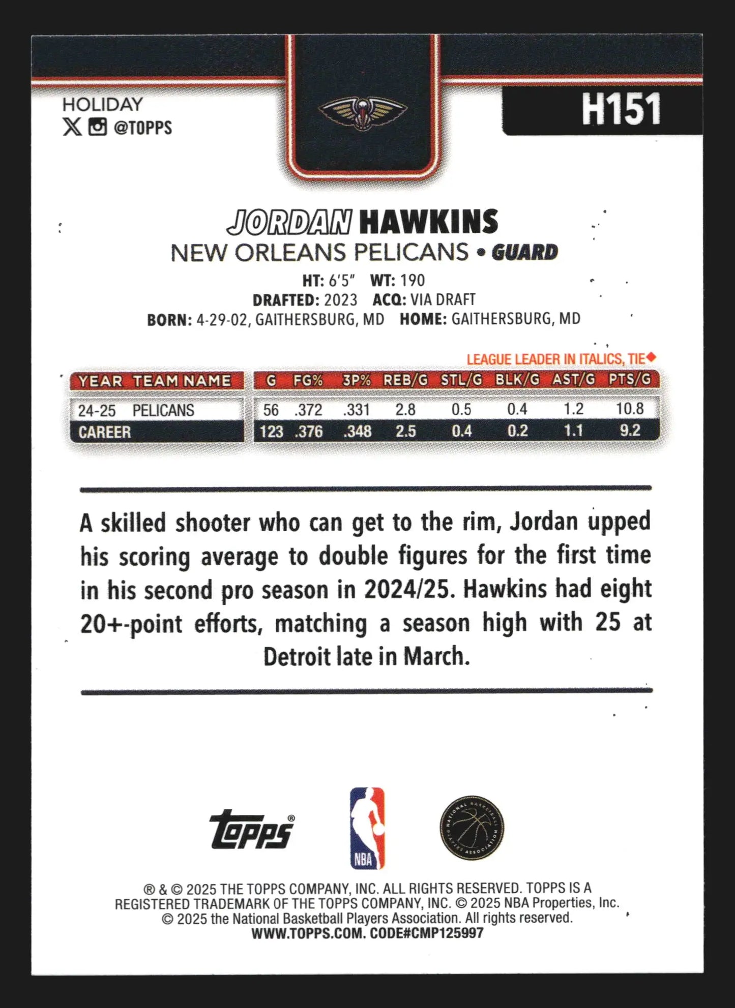 2025-26 Topps Holiday Jordan Hawkins #H151 New Orleans Pelicans