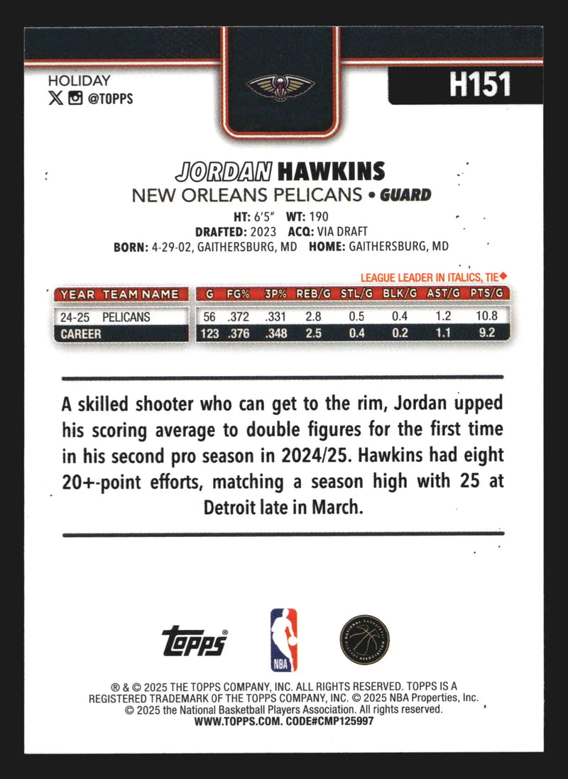 2025-26 Topps Holiday Jordan Hawkins #H151 New Orleans Pelicans