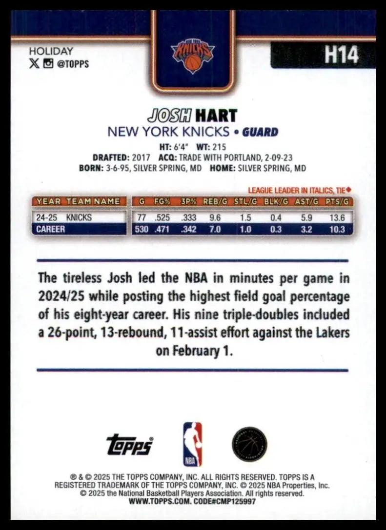 2025-26 Topps Holiday Josh Hart #H14 New York Knicks Basketball Card NBA Sports - Basketball Card Single