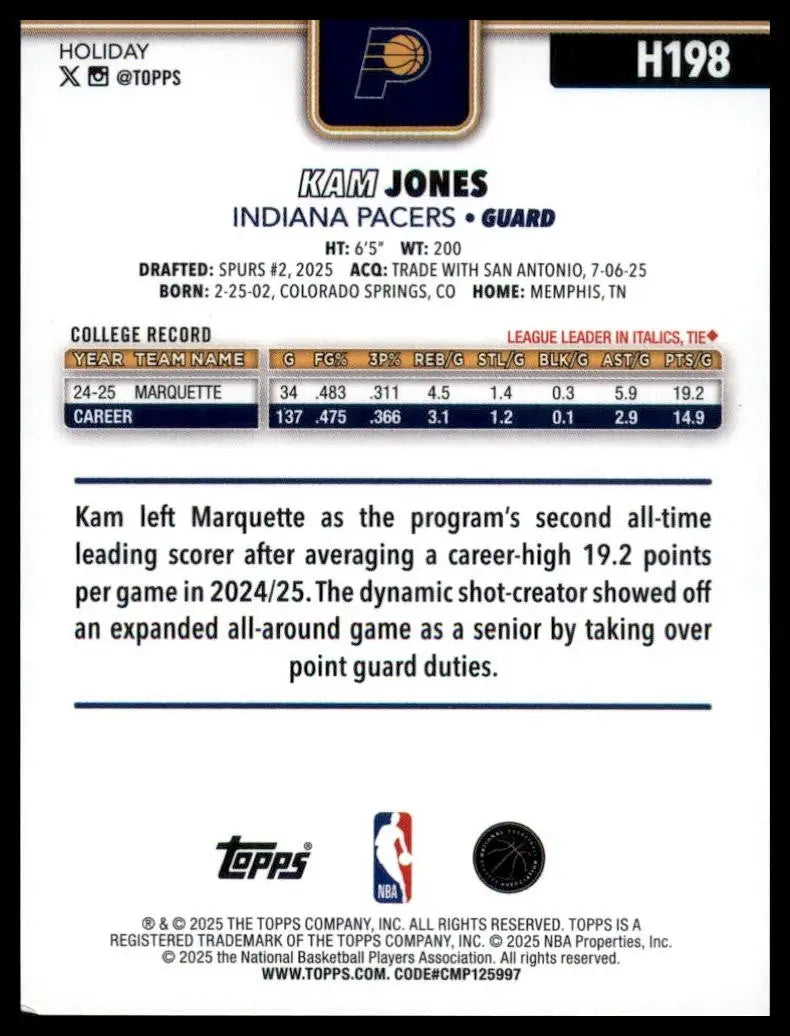 2025-26 Topps Holiday Kam Jones Rookie #H198 Indiana Pacers Basketball Card NBA