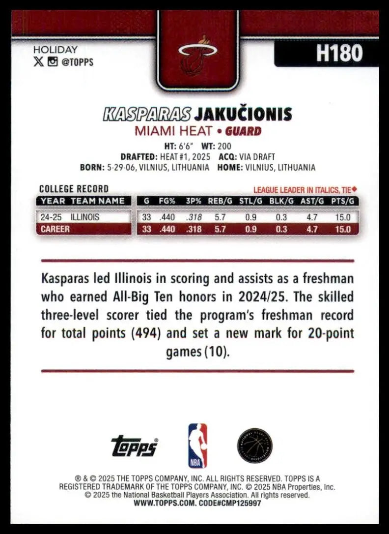 2025-26 Topps Holiday Kasparas Jakucionis Rookie #H180 Miami Heat Basketball NBA