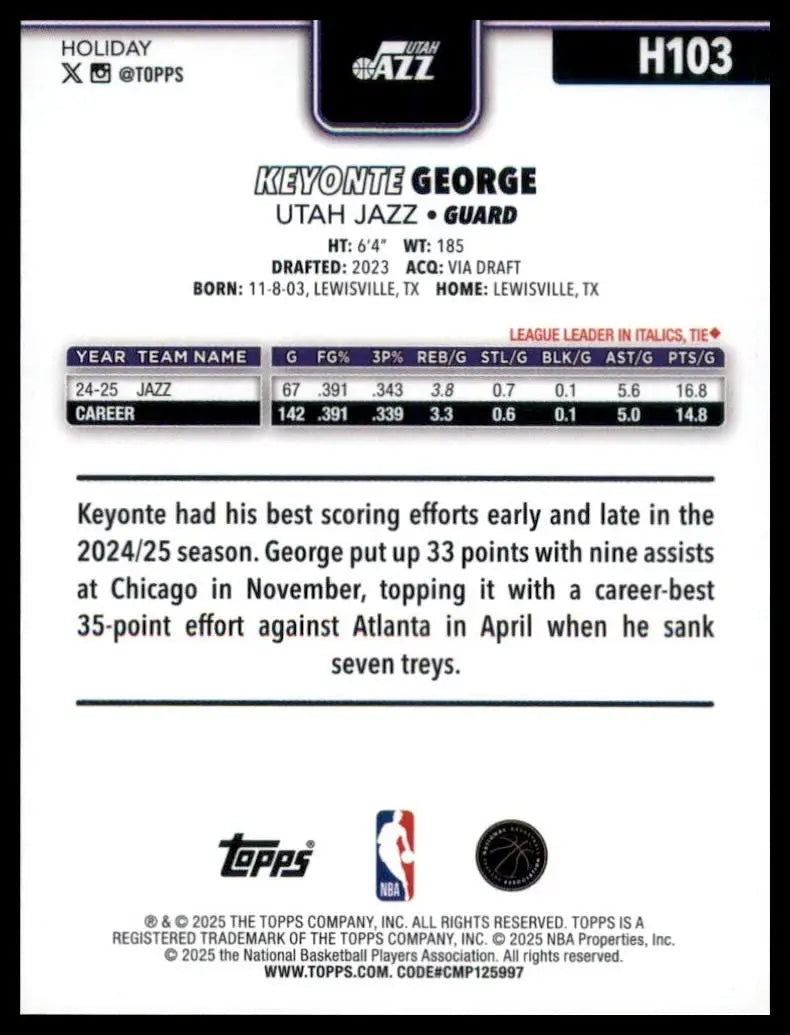 2025-26 Topps Holiday Keyonte George #H103 Utah Jazz Basketball Card NBA Sports - Basketball Card Single