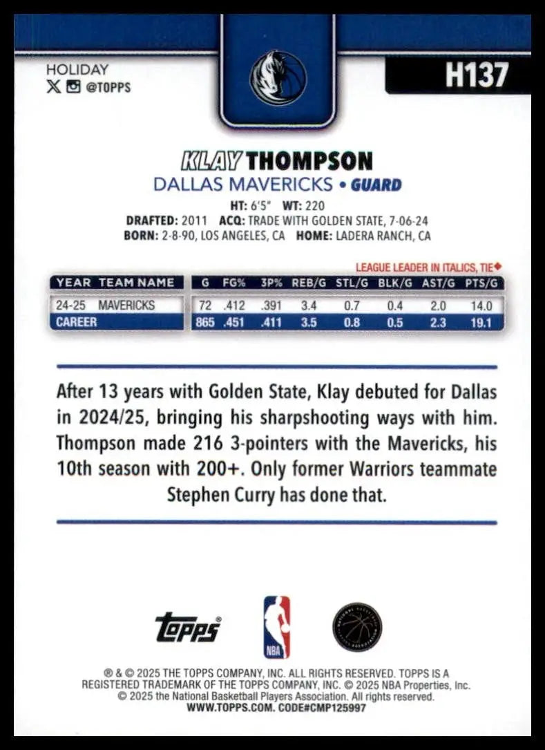 2025-26 Topps Holiday Klay Thompson #H137 Dallas Mavericks Basketball Card NBA - Basketball Card Single