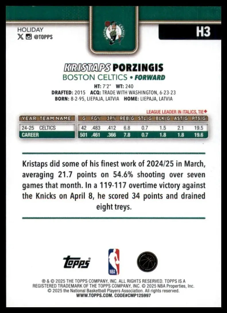 2025-26 Topps Holiday Kristaps Porzingis #H3 Boston Celtics Basketball Card NBA - Basketball Card Single