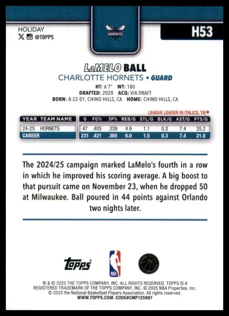 2025-26 Topps Holiday LaMelo Ball #H53 Charlotte Hornets Basketball Card NBA - Basketball Card Single