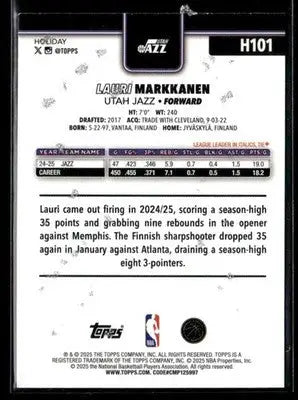 2025-26 Topps Holiday Lauri Markkanen #H101 Light Blue and White Glitter Jazz - Basketball Card Single