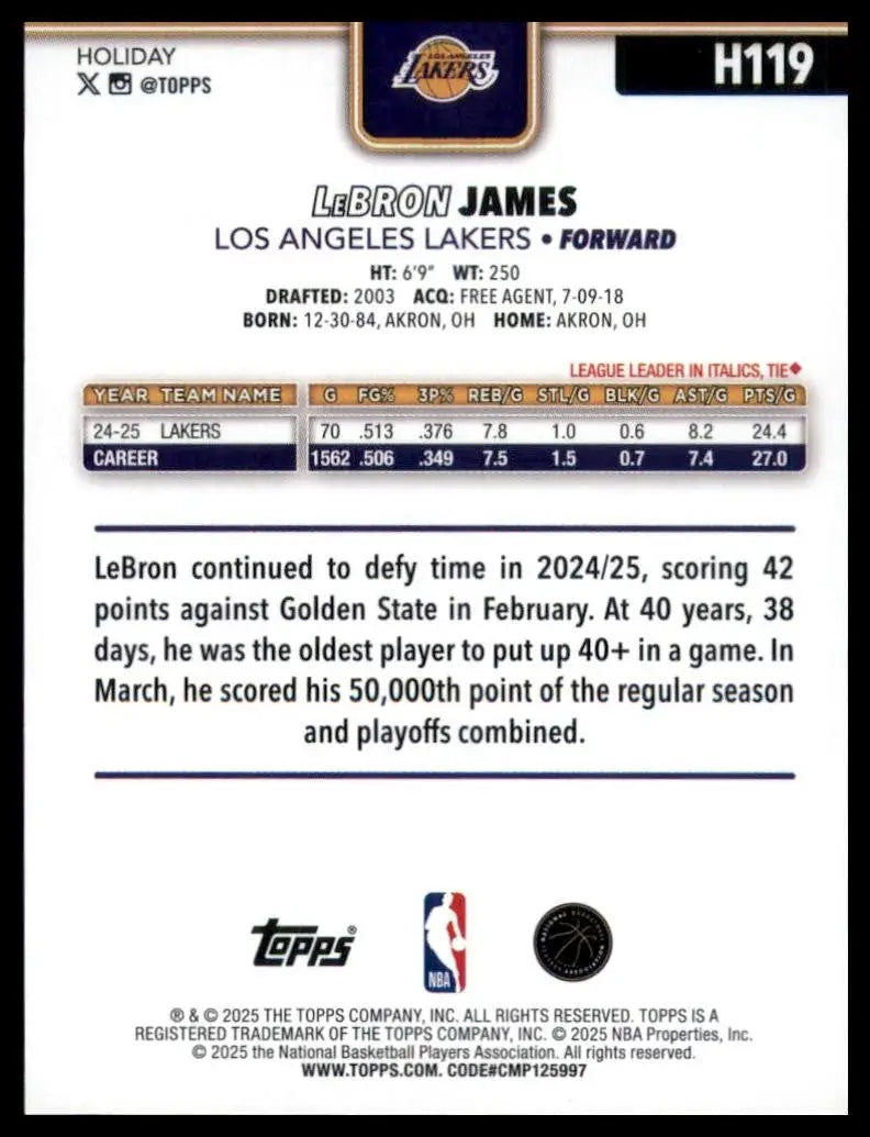 2025-26 Topps Holiday LeBron James #H119 Los Angeles Lakers Basketball Card NBA - Basketball Card Single