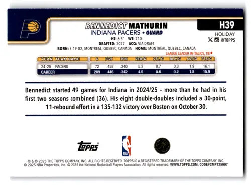 2025-26 Topps Holiday Light Blue and White Glitter Holiday #H39 Bennedi ID:80874 - Basketball Card Single