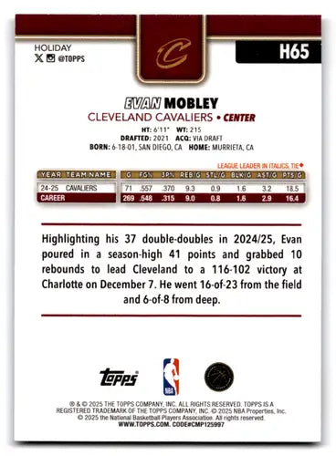 2025-26 Topps Holiday Light Blue and White Glitter Holiday #H65 Evan Mo ID:80875 - Basketball Card Single