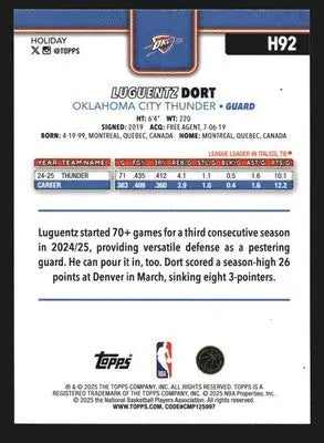 2025-26 Topps Holiday Luguentz Dort #H92 Thunder - Basketball Card Single